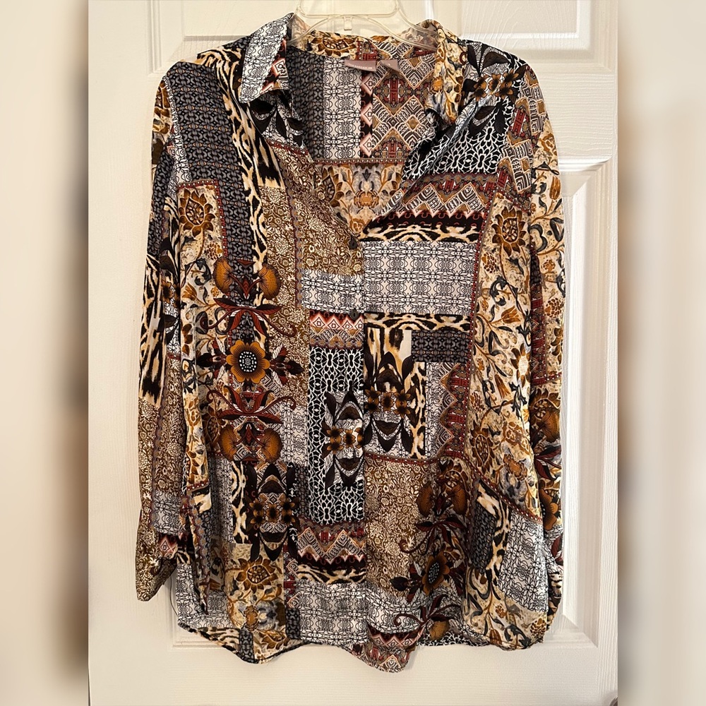 Chico’s Vintage Patchwork Silk Printed Button Up Blouse